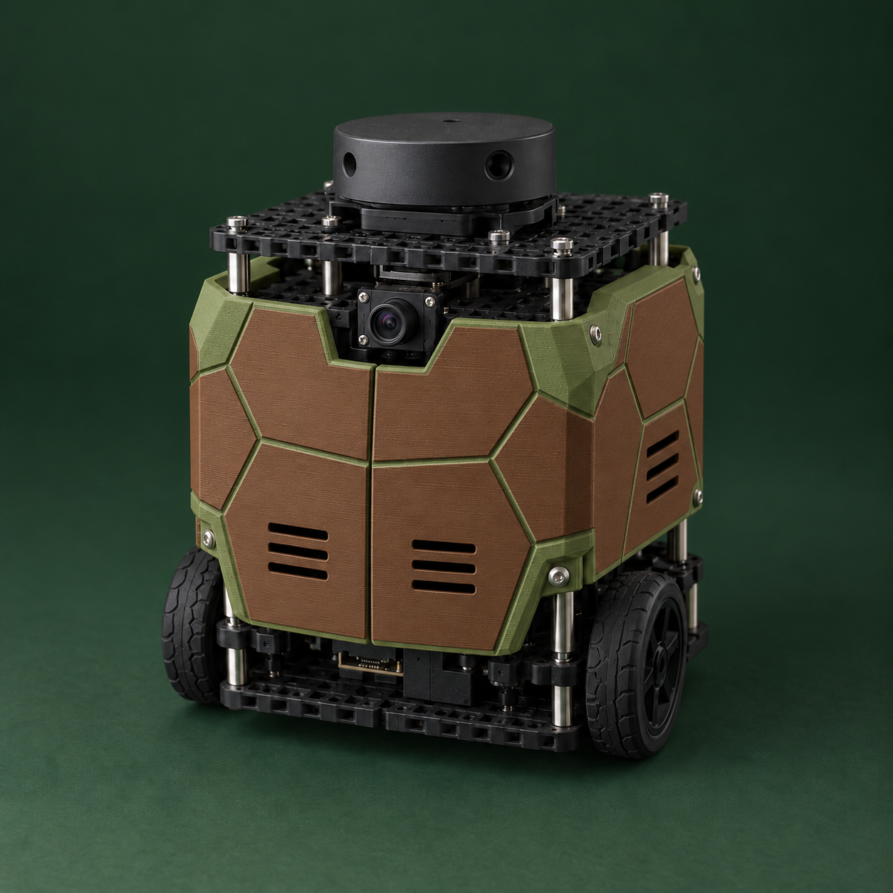 Concept render of Torto with brown printed shell panels with olive green edges below an exposed top-mounted LiDAR